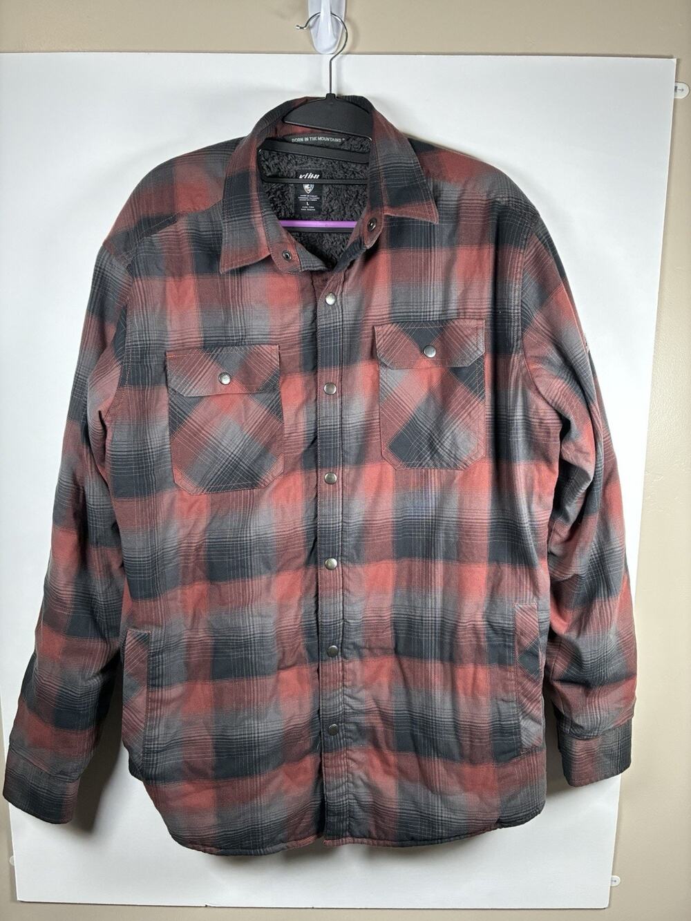Kuhl L Mens Sherpa Lined Flannel Shirt Jacket Red Plaid Shacket Logo Patch